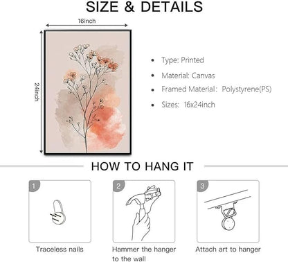 okudolit Boho Vintage Flower Wall Art Set of 3 Minimalist Floral Botanical Prints Rustic Wildflower Wall Decor Beige and Pink Neutral Plant Painting for Living Room Bedroom Office-16x24in