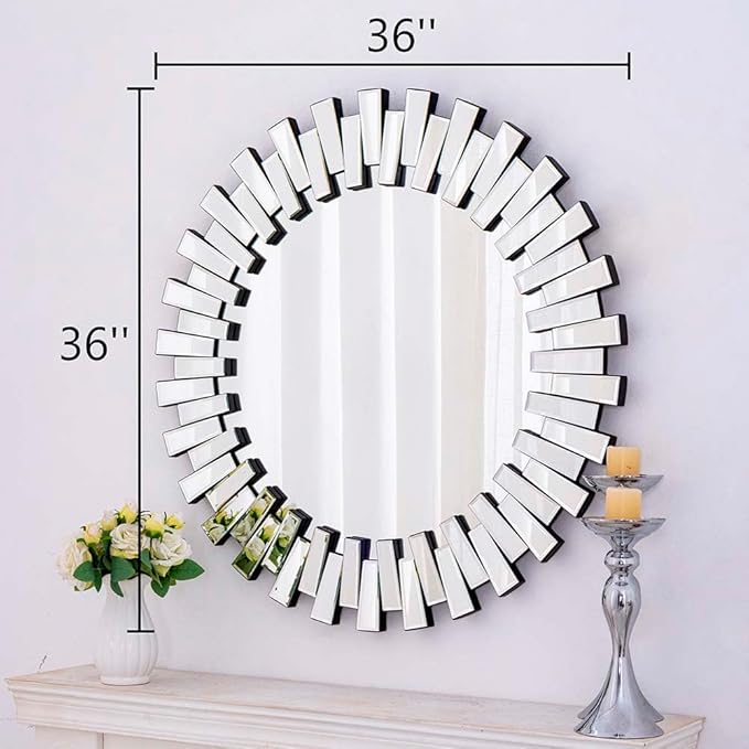 Chende Modern Decorative Round Mirror, 36'' x 36'' with Beveled Glass Frame, for Living Room, Entryway, Dining Room