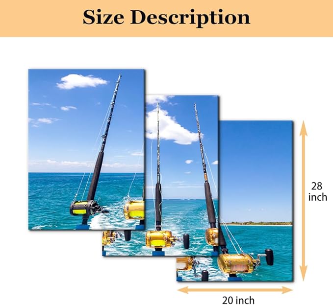 3 Pieces Canvas Wall Art Row of Five Fishing Rod and Reel Pictures Blue Seascape Wall Paintings for Living Room Bedroom Fishing Tackle Artwork HD Prints Modern Home Decor Framed - 20"x28"x3 Panel