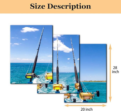 3 Pieces Canvas Wall Art Row of Five Fishing Rod and Reel Pictures Blue Seascape Wall Paintings for Living Room Bedroom Fishing Tackle Artwork HD Prints Modern Home Decor Framed - 20"x28"x3 Panel