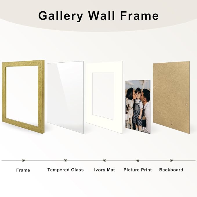 Frametory, Set of 7 Gallery Wall Frame in Gold - Includes 11x14, 8x10, and 5x7 Picture Frames with Ivory Color Mats - Real Glass, Collage Frames for Prints and Photos