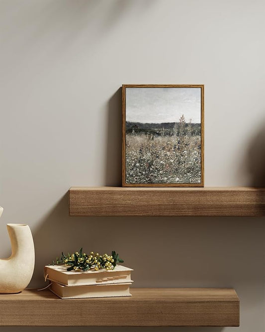 InSimSea Framed Canvas Prints Art Vintage Decor, Wildflower Field Meadow with Flowers Painting, Rustic Landscape Wall Art for Living Room Bedroom Home Bathroom, 8"x10"