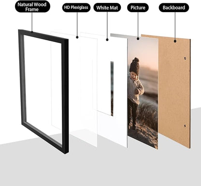KINLINK 8x12 Picture Frame Black, Solid Wood Frames with Acrylic Plexiglass for Pictures 6x8 with Mat or 8x12 without Mat, Tabletop and Wall Display Photo Frame, Set of 4