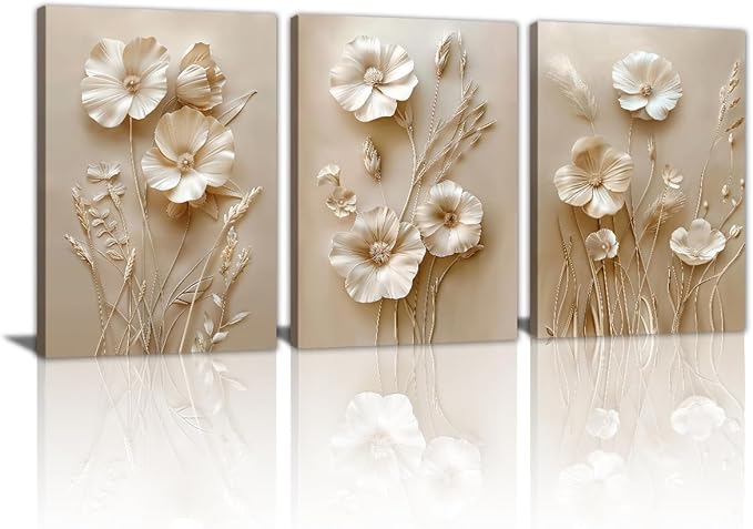 WENGTIAO 3Pcs Beige Flower Canvas Wall Art Prints Neutral Floral Plant Wall Painting Minimalist Botanical Blossom Poster Picture Vintage Artwork Home Decor for Living Room Bedroom Office 20”x28”x3Pcs