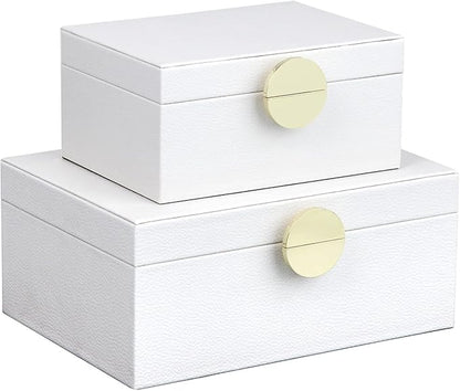 HofferRuffer Faux Leather Jewelry Boxes, Decorative Boxes Storage Accessory Organizer with Gold Hardware Decor, Classic Vegan Leather Set of 2 Pieces (White)