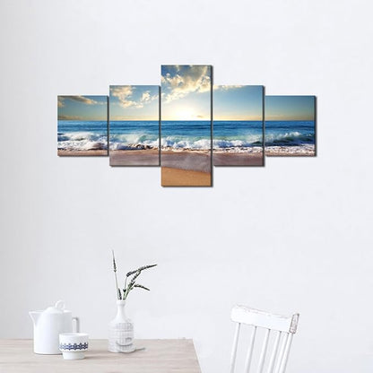 Beach Ocean Wave Pictures Wall Art for Living Room Home Decor Framed Stretched Modern Landscape Seascape Painting on Canvas 5 Piece (50" W x 24" H)