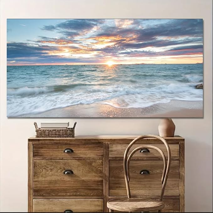 Yxbhhym-Large Coastal Wall Decor Beach Sunset Wall Art Ocean Room Decor Picture Seascape Canvas Prints Poster Waves Sea Artwork for Walls Landscape Painting Bedroom Living Room Office Decorations