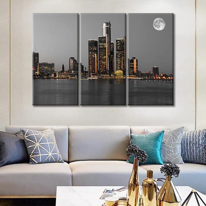 TUMOVO 3 Piece Detroit Michigan City Skyline Black and White Wall Art American Cityscape Nighttime Lightscape Pictures Wall Decor for Bedroom Framed Ready to Hang (42" Wx28 H)