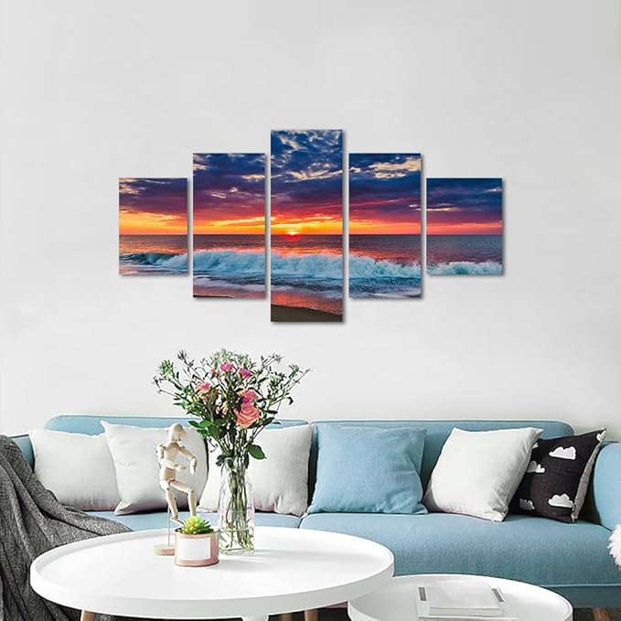 Beaches Wall Art 5 Piece Set Sunset Poster Ocean Scenic Nature Photography Pictures HD Print on Canvas Modern Home Office Decor for Living Room Bedroom Bathroom Wall Decoration Framed Ready to Hang - 60"W x 32"H