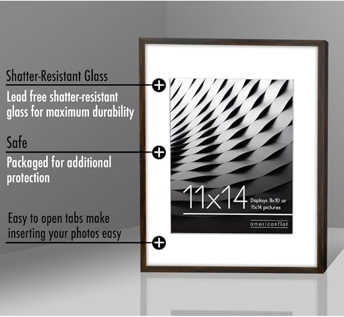 Americanflat 11x14 Picture Frame with Shatter-Resistant Glass - Use as 8x10 Frame with Mat or Display 11x14 Photo Without Mat - Streamline Collection - Thin Border Picture Frames for Wall - Mahogany
