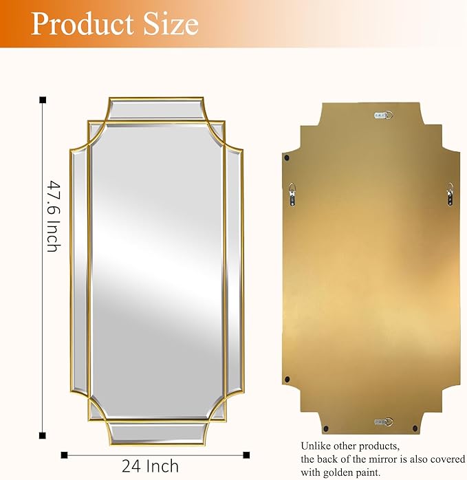 Full Length 24x47 Beveled Gold Mirror for Wall, Gold Traditional Art Decorative Mirror Home Decor for Bathroom Living Room Bedroom Kitchen Entrance