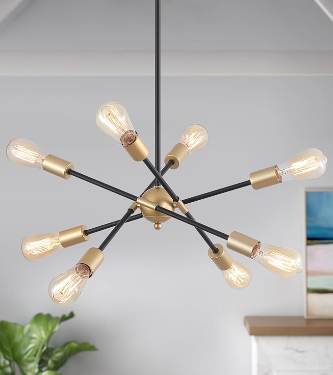 MEIXISUE 8 Lights Dining Room Light Fixtures Modern Sputnik Chandelier Black and Gold Mid Century Pendant Light for Kitchen Island Entryway Foyer Living Room UL Listed