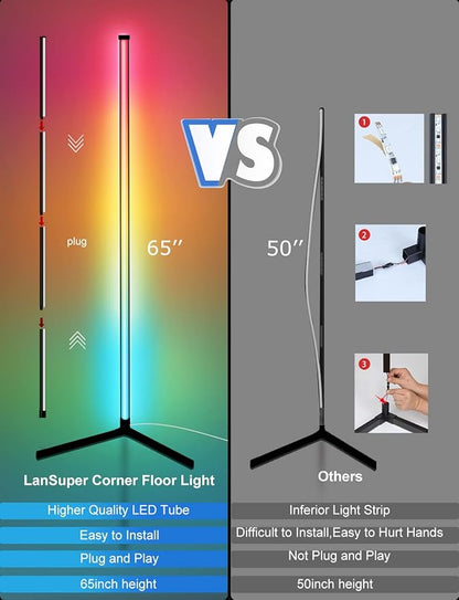 Corner Floor Lamp,65” Color Changing LED Floor Lamp with Music Sync,Modern Mood Lighting Corner Lamp with Remote & App Control, Creative DIY Mode & Timing,RGB Floor Lamps for Living Room Gaming Room