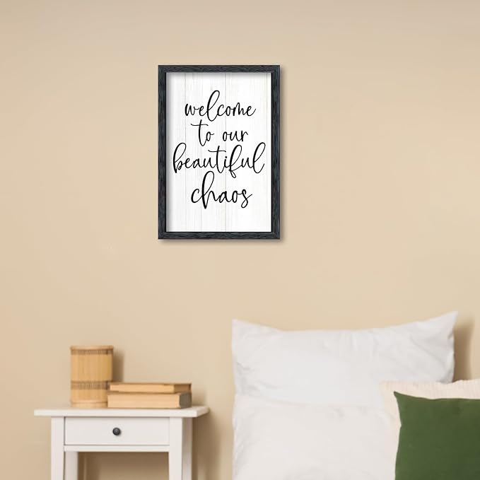 AuraPeak Welcome To Our Beautiful Chaos Sign Home Living Room Wall Decor Modern Family Rustic Farmhouse House Entryway Bedroom Hanging Horizontal Plaque Wall Art (Black 16"×11")