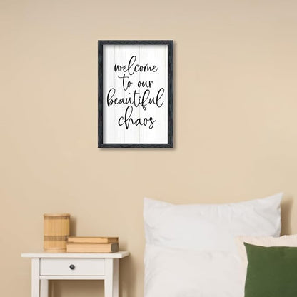 AuraPeak Welcome To Our Beautiful Chaos Sign Home Living Room Wall Decor Modern Family Rustic Farmhouse House Entryway Bedroom Hanging Horizontal Plaque Wall Art (Black 16"×11")