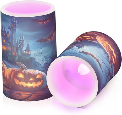 ALAZA Halloween Pumpkins Castle Flying Bat Flickering Flameless Candles Battery Operated with Remote Timer,Tea Light Candles LED Pillar Votive Candles Set of 2 for Outdoor Indoor Decorations
