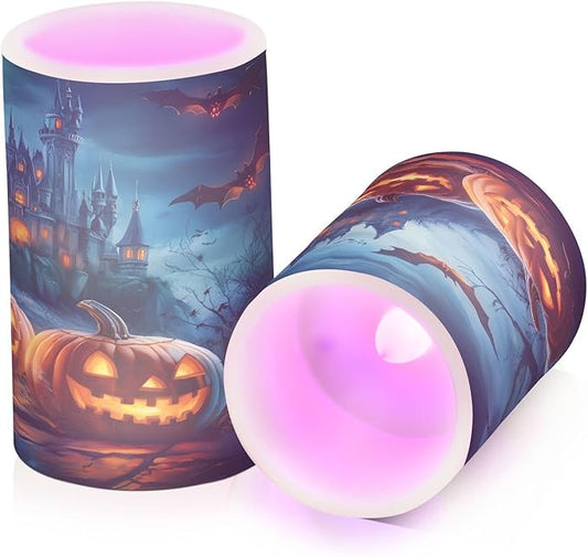 ALAZA Halloween Pumpkins Castle Flying Bat Flickering Flameless Candles Battery Operated with Remote Timer,Tea Light Candles LED Pillar Votive Candles Set of 2 for Outdoor Indoor Decorations