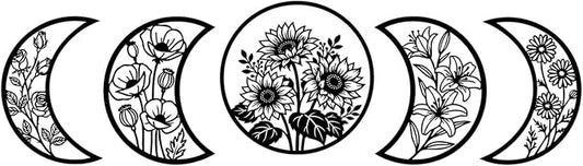 Sanwarm 5 Pieces Metal Wall Decor, Floral Moon Celestial Metal Wall Art Sunflower Witchy Black Hanging Decoration for Home Bathroom Living Room Bedroom Garden Office Housewarming Gifts