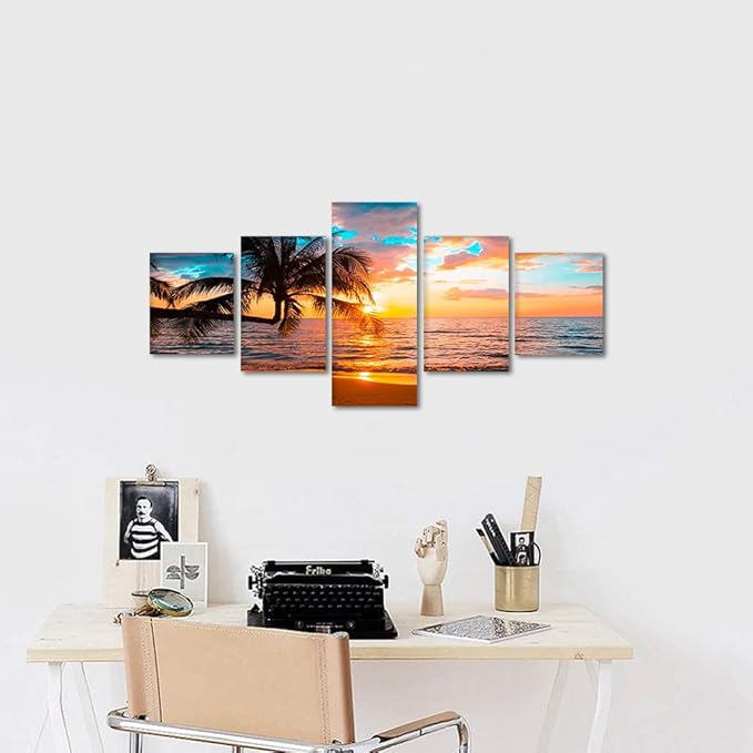 Ocean Canvas Wall Art Beach Sunset Poster Modern Seascape Pictures HD Print on Canvas Framed Landscape Artwork for Living Room Kitchen Bedroom Wall Decorations Stretched Ready to Hang - 50''W x 24''H