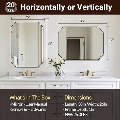 ANDY STAR Matte Black Mirror 26x38 Inch, Scalloped Wall Mirror, Unique Rectangular Bathroom Mirror in Premium Stainless Steel Metal Frame 1’’ Deep, Hangs Vertically/Horizontally