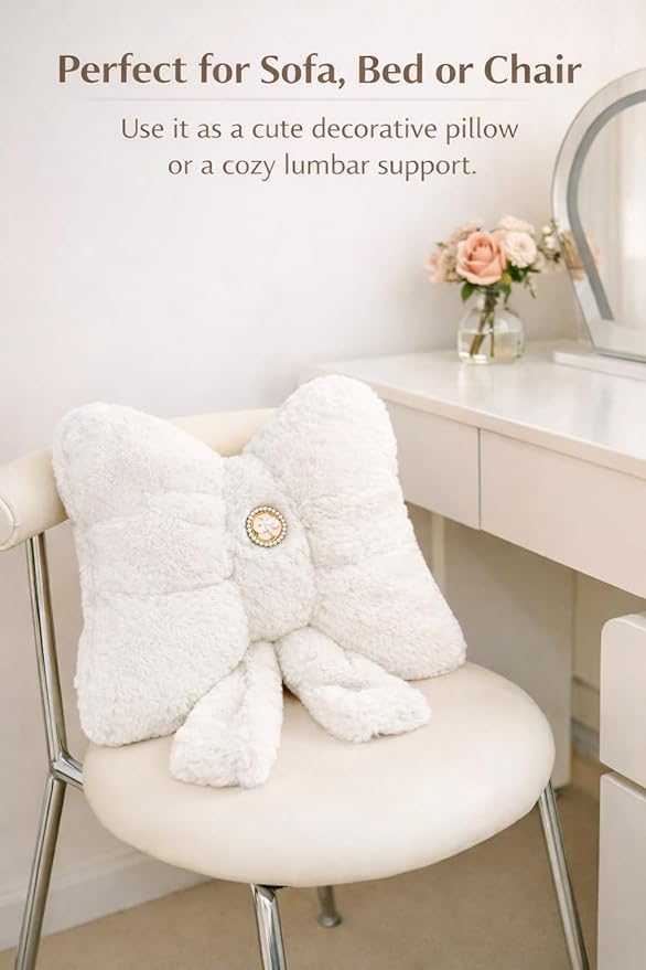 White Bow Pillow 16x12 Inch, Cute Plush Bow Shaped Decorative Accent Pillow, Coquette Room Decor for Teen Girls Bedroom Bed Sofa Chair