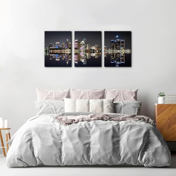 Pacimo 3 Pieces Panoramic Detroit Cityscape Picture Black and White Michigan Night Skyline Canvas Art Prints Wall Decoration for Bedroom Office Stretched and Framed Ready to Hang - 12" x 16" x 3