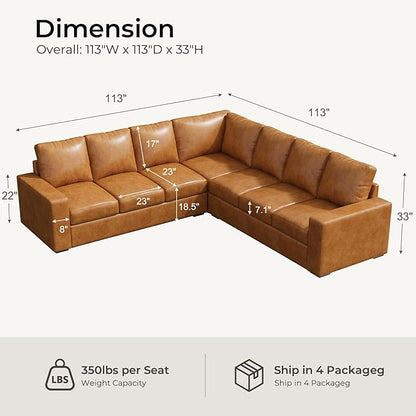 ELUCHANG 113" V-Shaped Modular Sectional Sofa Couch, Modern 7-Seat Premium Faux Leather Deep Seat Sofa with Corner, Removable Cover, Easy Assembly, Large Sofas & Couches for Living Room, Office, Brown