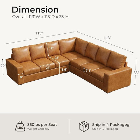 ELUCHANG 113" V-Shaped Modular Sectional Sofa Couch, Modern 7-Seat Premium Faux Leather Deep Seat Sofa with Corner, Removable Cover, Easy Assembly, Large Sofas & Couches for Living Room, Office, Brown