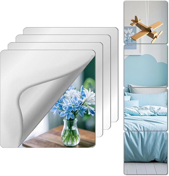 Unbreakable Mirror Tiles, 4PCS 12.19”x12.19” Peel And Stick on Mirror for Wall Mirrors Decorative, Toddlers for Kids Bedroom, Plastic Gym Door Small Adhesive Mirrors for Classroom Decor Stickers