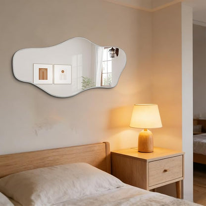 Irregular Frameless Mirror, 35.8"x17.7" Silver Asymmetrical Tempered Glass Mirror, Modern Abstract Wall Mirrors for Living Room Bedroom Hallway Entryway, Horizontal or Vertical Hanging