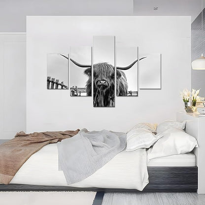 5 Panels Highland Cow Wall Art Farm Cow Pictures Canvas Prints Art Vintage Framed Black and White Animals Posters Wall Decor Artwork Living Room Bedroom Home Office Decoration - 60''W x 40''H