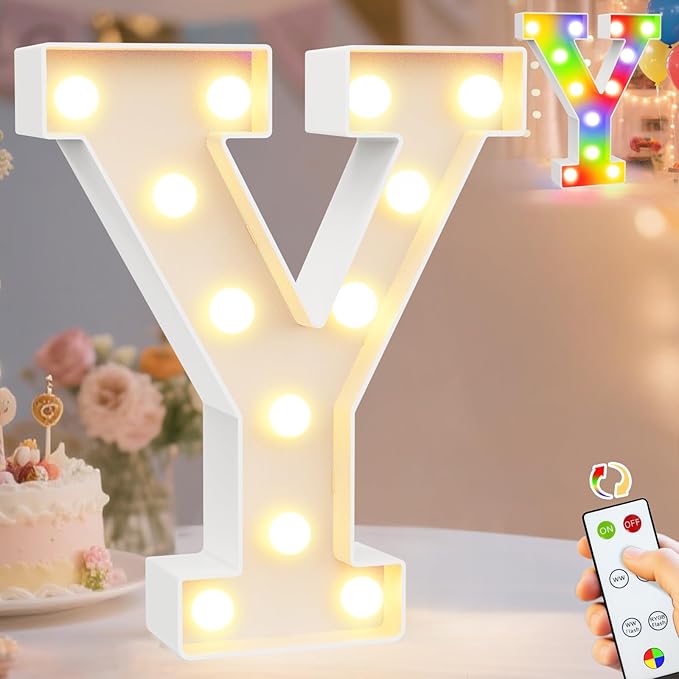 Pooqla LED Light Up Letters, Warm White and Colorful Lighted Marquee Letters with Remote, Lighted Letter for Party Birthday Decorations, Gift for Girls Boys Night Light, Wedding Home Decor, Letter Y