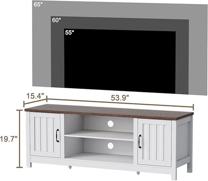 ChooChoo 54" Farmhouse TV Stand for TVs up to 65 inches, Entertainment Center with Storage Cabinets, Open Shelves and Fluted Door, TV Console Table for Living Room, Bedroom, White
