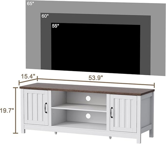 ChooChoo 54" Farmhouse TV Stand for TVs up to 65 inches, Entertainment Center with Storage Cabinets, Open Shelves and Fluted Door, TV Console Table for Living Room, Bedroom, White