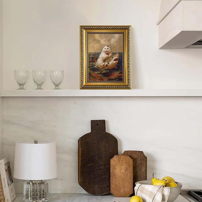 YD&YZY Gold Framed Funny Cat Bathroom Wall Art Canvas Vintage Quirky Humor Wall Decor Cat Riding Shark Martini Painting Picture Print Artwork for Bedroom Living Room Bathroom 8x10 inch Small Framed