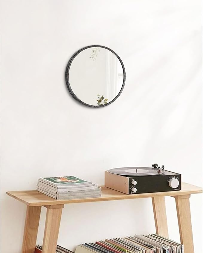 JJUUYOU Rustic Round Mirror, Hanging Wall Decorative Small Mirror Natural Wooden Farmhouse Frame with White Wash Edge for Bedroom, Bathroom or Dorm 23CM