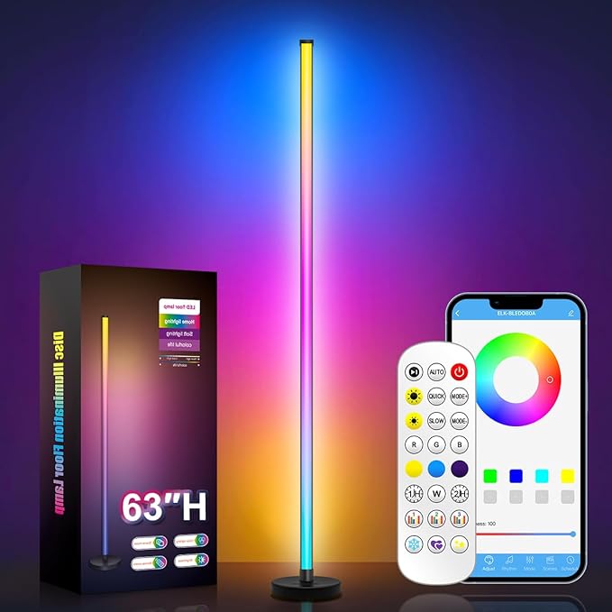 LED Floor Lamp, 63-Inch RGB Corner Light with Music Sync, Smart App Control, 16 Million Colors, Remote Control for Living Room, Bedroom, Gaming Room
