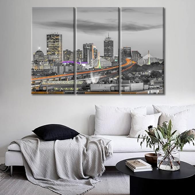 TUMOVO 3 Piece Wall Decor American Cityscape Canvas Paintings for Bedroom, Bathroom, Office. Boston Skyscrapers Nighttime Lightscape House Decor Print on Canvas Framed Ready to Hang (42" Wx28 H)