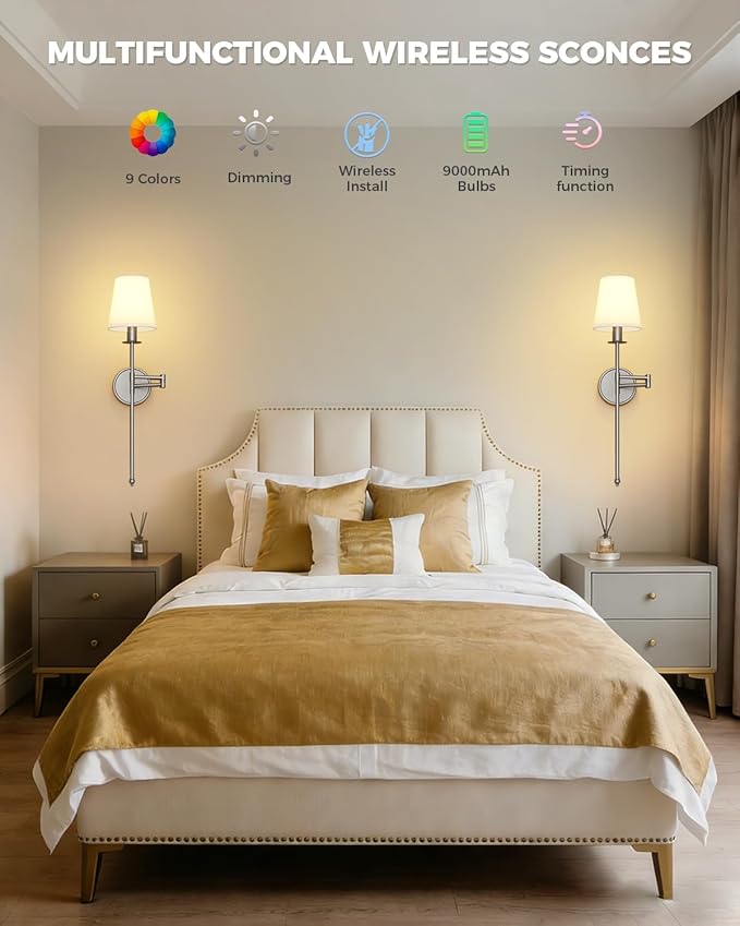 Joosenhouse Battery Operated Wall Sconces Set of 2, 24.8 Inch Brushed Nickel Wireless Dimmable Wall Lamp with Remote Control, Easy Install Wireless Lighting for Bedroom, Living Room, Hallway