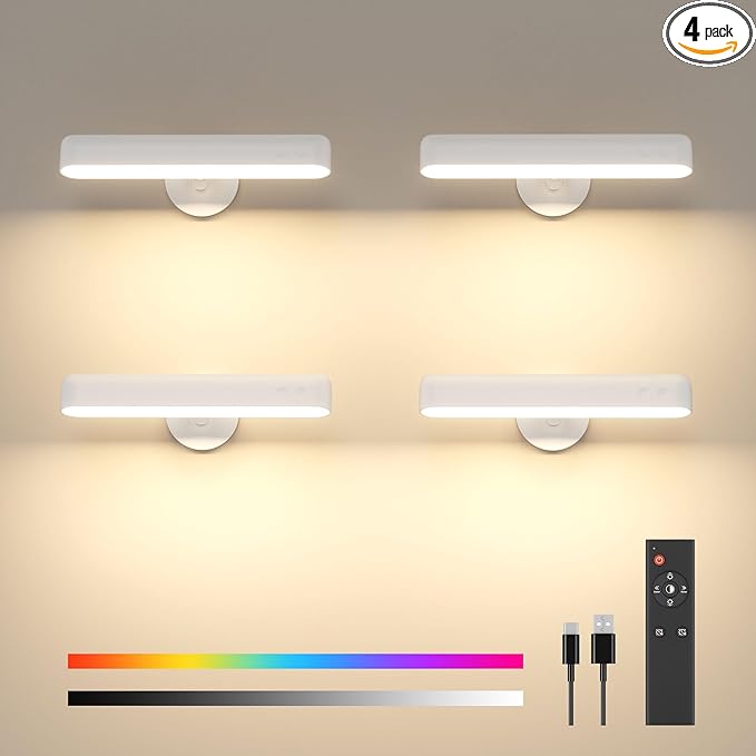 PopoIron 4 Pack Wall Sconces Rechargeable 7500mAh Battery Operated Wall Lights Cordless LED Wall Lamp, Touch and Remote Control, 3 Colors Wall Lamps 360° Rotate Dimmable Brightness with 15 RGB Colors