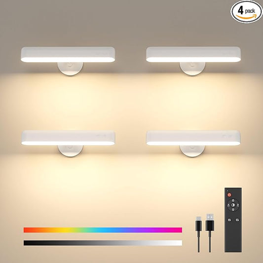 PopoIron 4 Pack Wall Sconces Rechargeable 7500mAh Battery Operated Wall Lights Cordless LED Wall Lamp, Touch and Remote Control, 3 Colors Wall Lamps 360° Rotate Dimmable Brightness with 15 RGB Colors