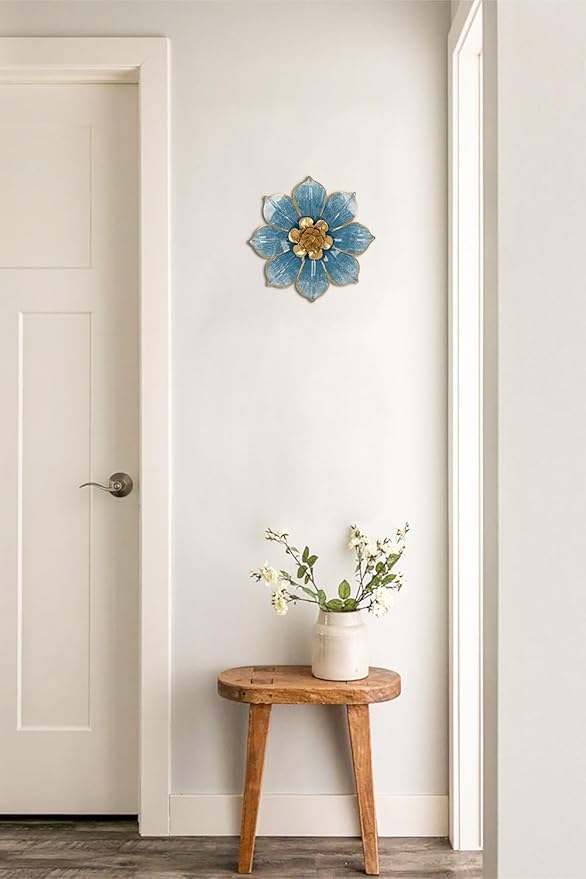 10" Metal Flowers Wall Decor, Blue & Gold 3D Floral Metal Wall Art Decor for Inoor & Outdoor Use, Vintage & Modern Walls Arts for Bathroom, Living Room, Bedroom, Office, Garden, Patio, Porch, 1 Piece
