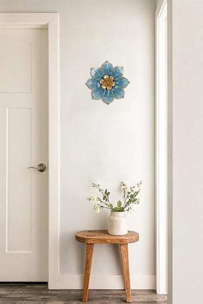 10" Metal Flowers Wall Decor, Blue & Gold 3D Floral Metal Wall Art Decor for Inoor & Outdoor Use, Vintage & Modern Walls Arts for Bathroom, Living Room, Bedroom, Office, Garden, Patio, Porch, 1 Piece