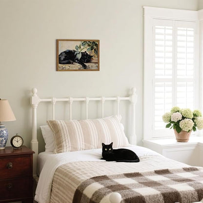 Framed Black Cat Canvas Wall Art, Vintage Sleeping Cat with Plant Picture Wall Decor Paintings, Cute Animal Poster Prints Rustic Aesthetic Home Decor for Living room Bedroom Bathroom 16x24 inch
