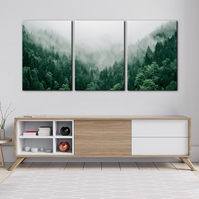 Pacimo Canvas Print Wall Art Set Talking with the Fog Aerial View of Pine Trees in Mist Realism Pictures Print on Canvas Rustic Scenic Modern Artwork Stretch Framed Ready to Hang - 20"x28"x3 Panel