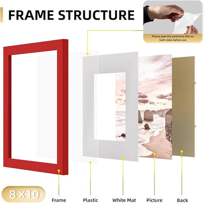 YESKAY 8x10 Picture Frame Set of 9, Display Pictures 5x7 with Mat or 8 x 10 Without Mat, Multi Photo Frames for Wall Mounting or Table Top Display, Red