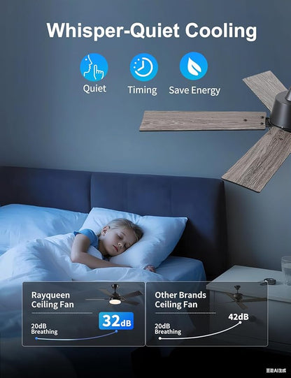 Rayqueen 42 Inch Ceiling Fans with Lights and Remote, 6 Speed Reversible DC Motor, 3CCT Dimmable LED, Black Modern Ceiling Fan for Bedroom, Living room & Covered Outdoor,Includes Downrod