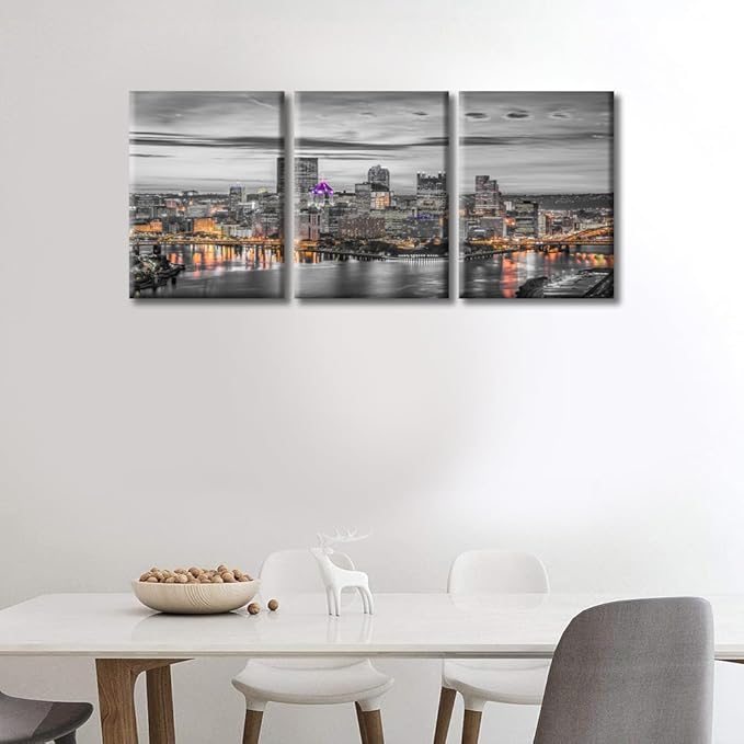 TUMOVO Pittsburgh City Skyline Home Decor Art Prints American Cityscape Pictures Bathroom Decor Wall Art 3 Panel Pittsburgh Skyscrapers Nighttime Lightscape Wall Art Framed Ready to Hang (36" Wx16 H)