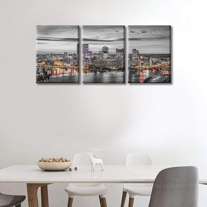 TUMOVO Pittsburgh City Skyline Home Decor Art Prints American Cityscape Pictures Bathroom Decor Wall Art 3 Panel Pittsburgh Skyscrapers Nighttime Lightscape Wall Art Framed Ready to Hang (36" Wx16 H)