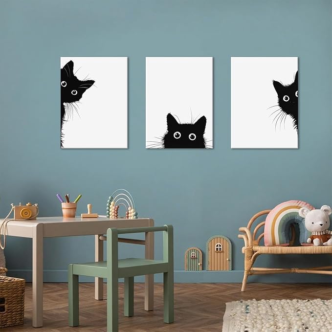 AOYUSMO 3 Piece Black Cat Canvas Wall Art Funny Animal Wall Art for Nursery Cute Picture Decor Minimalist Black And White Modern Prints for Children's Room Bedroom 16"x24" Framed